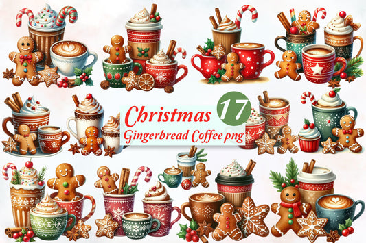 17 Christmas Gingerbread Coffee PNG Clipart Bundle Watercolor Holiday Coffee