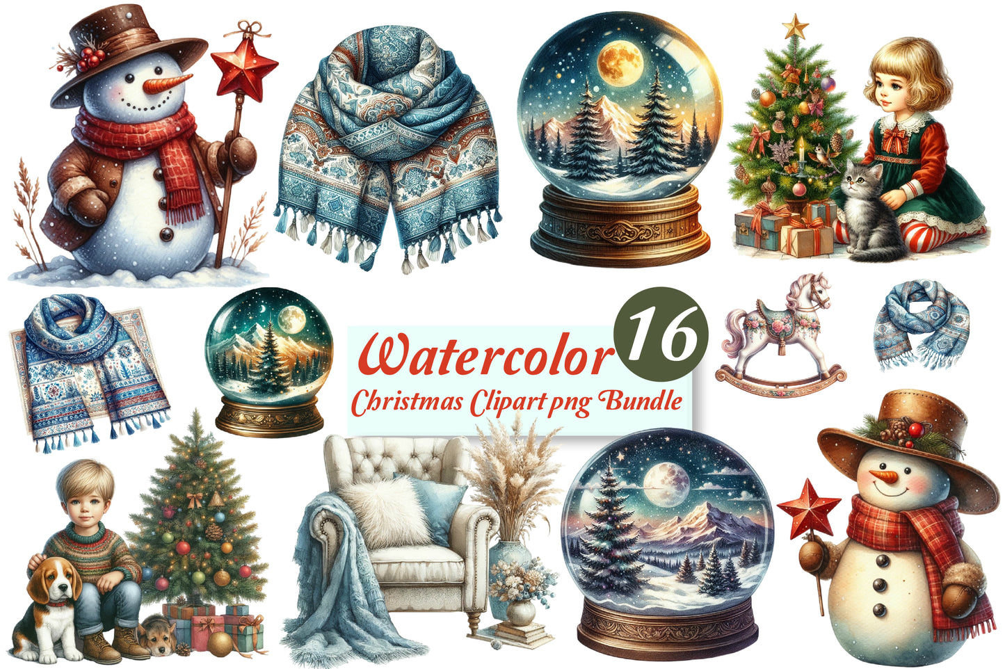 16 Watercolor Christmas Clipart PNG Bundle Snowman Winter Holiday