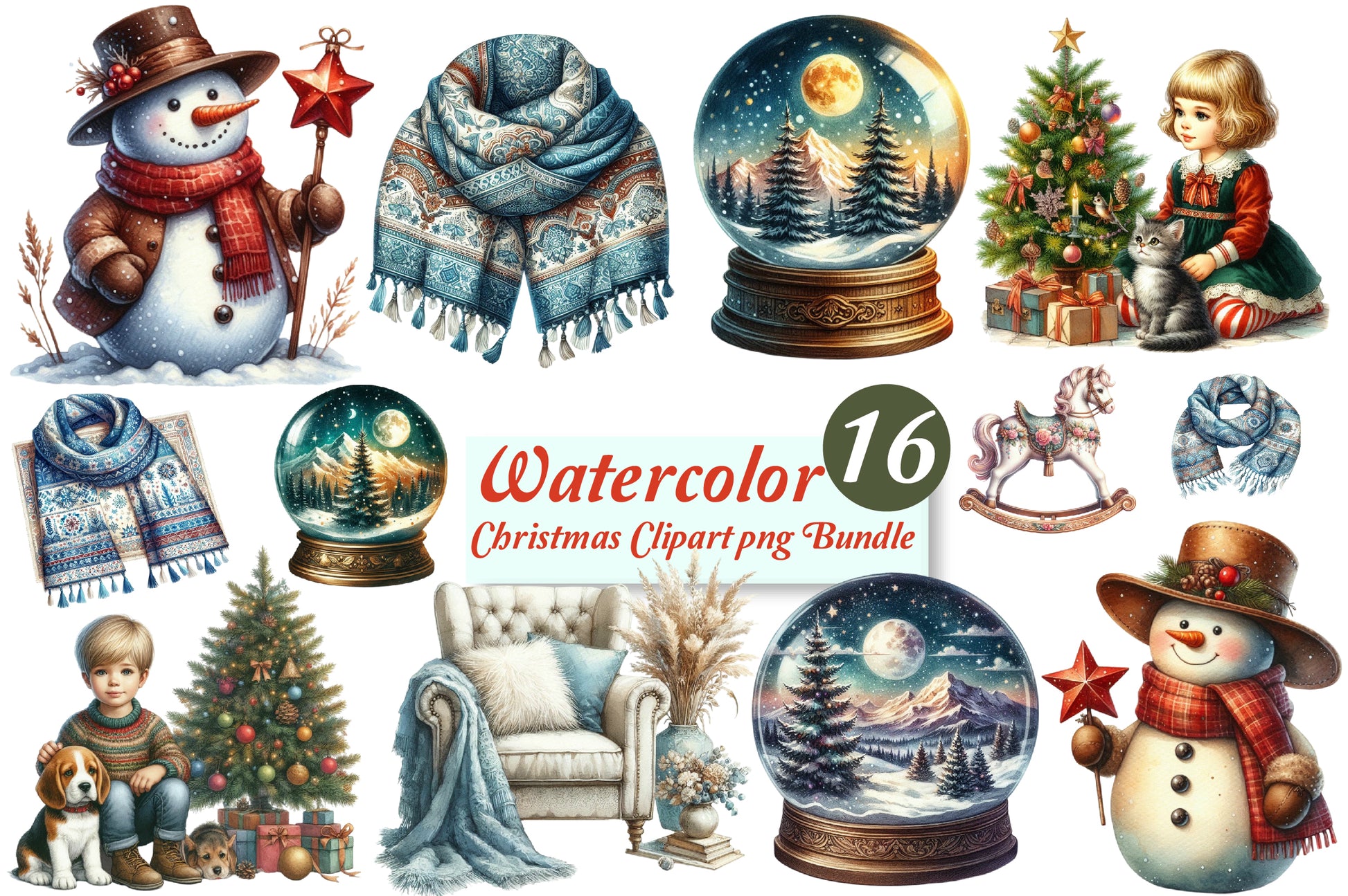 16 Watercolor Christmas Clipart PNG Bundle Snowman Winter Holiday