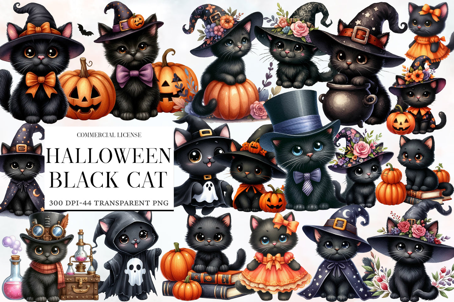 Halloween Black Cat Clipart PNG Bundle | Cute Witch Cat PNG, Black Cat Halloween Clipart