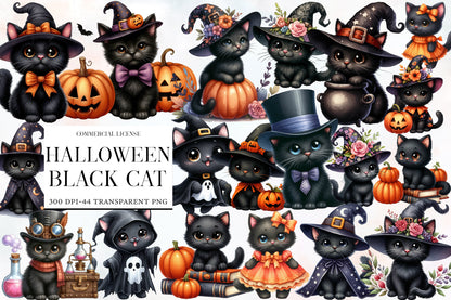Halloween Black Cat Clipart PNG Bundle | Cute Witch Cat PNG, Black Cat Halloween Clipart