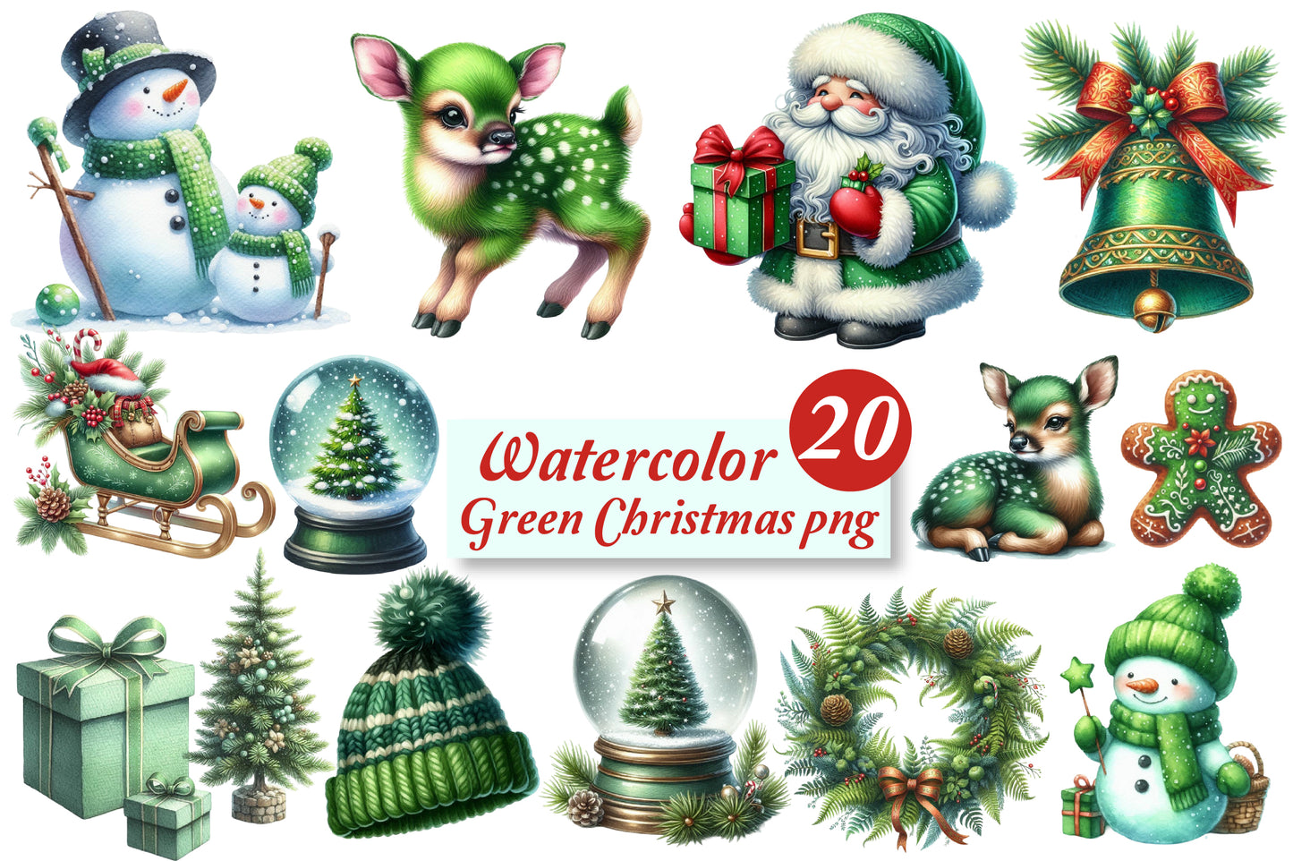 20 Watercolor Green Christmas PNG Clipart Bundle Santa Reindeer Snowman