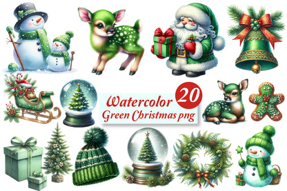 20 Watercolor Green Christmas PNG Clipart Bundle Santa Reindeer Snowman