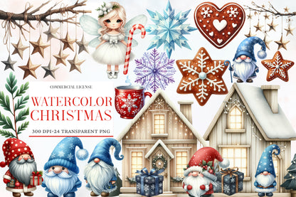 Christmas Watercolor Clipart PNG Bundle | Cute Festive Christmas Watercolor Clipart | Holiday Sublimation PNG