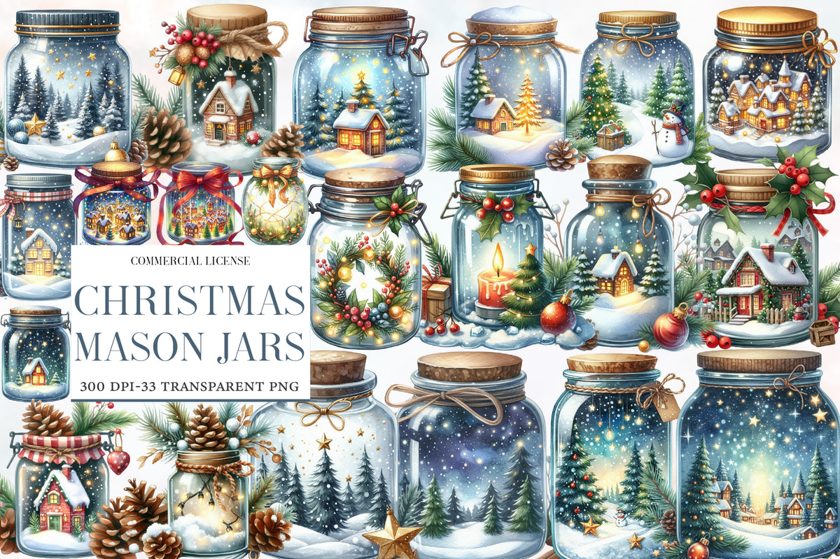 Christmas Mason Jars Clipart PNG Bundle | Watercolor Festive Mason Jar Clipart | Holiday Farmhouse Sublimation PNG