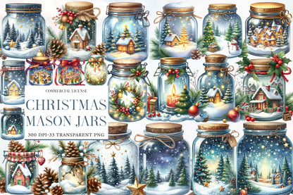Christmas Mason Jars Clipart PNG Bundle | Watercolor Festive Mason Jar Clipart | Holiday Farmhouse Sublimation PNG