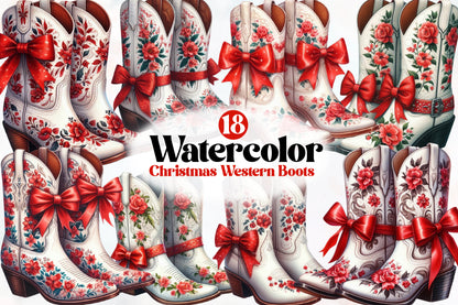 Watercolor Christmas Western Boots Clipart PNG Bundle | Floral Cowboy Boots, Red Bows & Holiday Western Designs