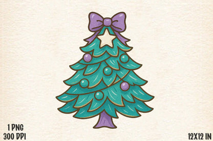 Cute Christmas Tree PNG Purple Bow Holiday Sublimation Design