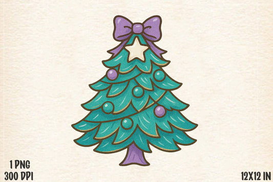 Cute Christmas Tree PNG Purple Bow Holiday Sublimation Design