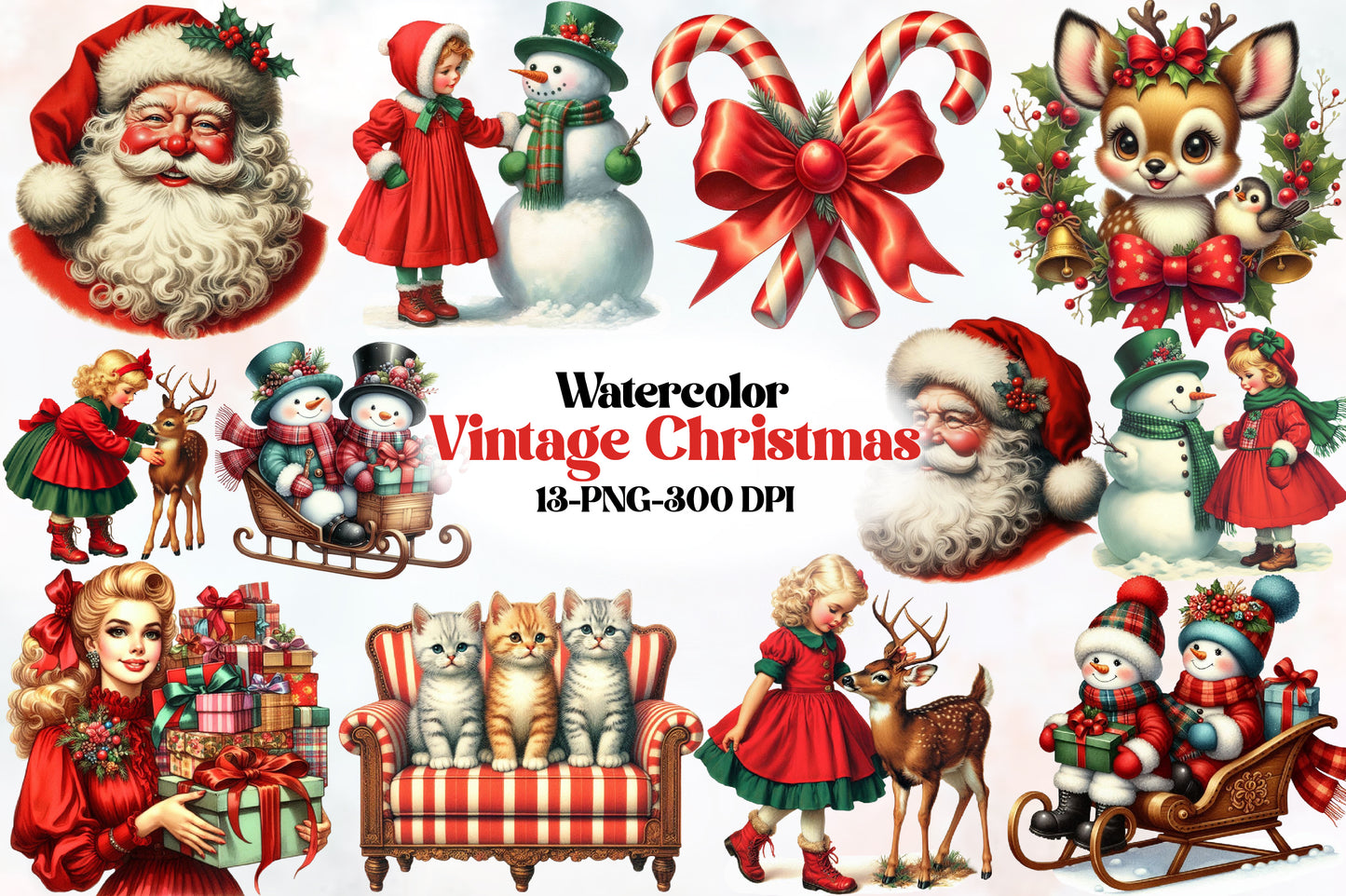 Vintage Christmas Clipart PNG Bundle | Santa, Snowman, Deer, Girl, Cat, Sleigh & Retro Holiday Designs