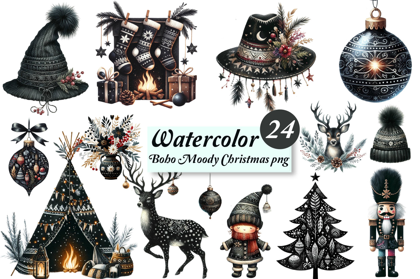 24 Watercolor Boho Moody Christmas PNG Dark Holiday Clipart