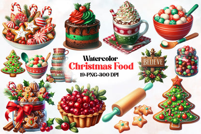 Watercolor Christmas Food Clipart PNG Bundle | Holiday Baking & Sweets
