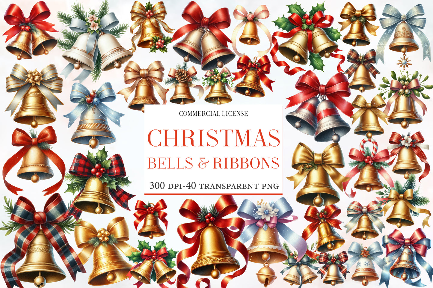 Christmas Bells & Ribbons Clipart Bundle PNG | Watercolor Festive Bells and Ribbon Clipart | Holiday Sublimation PNG