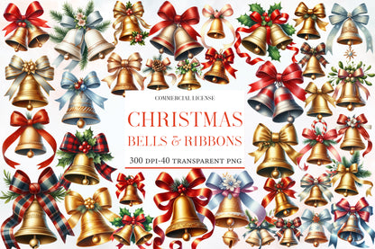 Christmas Bells & Ribbons Clipart Bundle PNG | Watercolor Festive Bells and Ribbon Clipart | Holiday Sublimation PNG