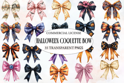 Halloween Coquette Bow Clipart PNG Bundle | Cute Halloween Bows PNG, Spooky Ribbon Clipart,
