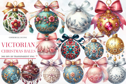 Victorian Christmas Balls Watercolor Clipart PNG Bundle | Vintage Christmas Ornaments PNG | Holiday Sublimation