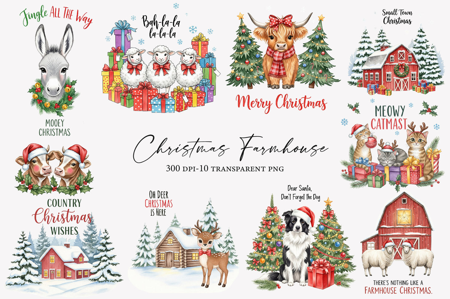 Christmas Farmhouse Watercolor Clipart PNG Bundle | Country Christmas Clipart | Farmhouse Holiday Sublimation