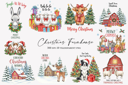 Christmas Farmhouse Watercolor Clipart PNG Bundle | Country Christmas Clipart | Farmhouse Holiday Sublimation