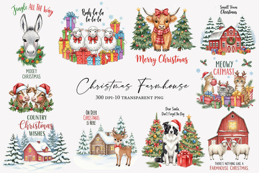 Christmas Farmhouse Watercolor Clipart PNG Bundle | Country Christmas Clipart | Farmhouse Holiday Sublimation