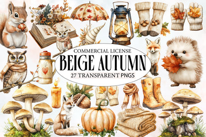 Beige Autumn Clipart PNG Bundle | Neutral Watercolor Fall Botanical Clipart | Cozy Boho Harvest PNG