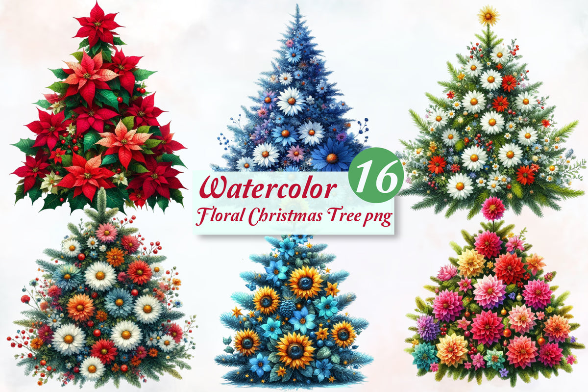 Watercolor Floral Christmas Tree PNG Bundle 16 Christmas Tree Clipart