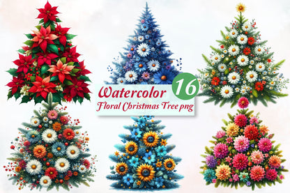 Watercolor Floral Christmas Tree PNG Bundle 16 Christmas Tree Clipart