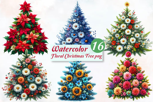 Watercolor Floral Christmas Tree PNG Bundle 16 Christmas Tree Clipart
