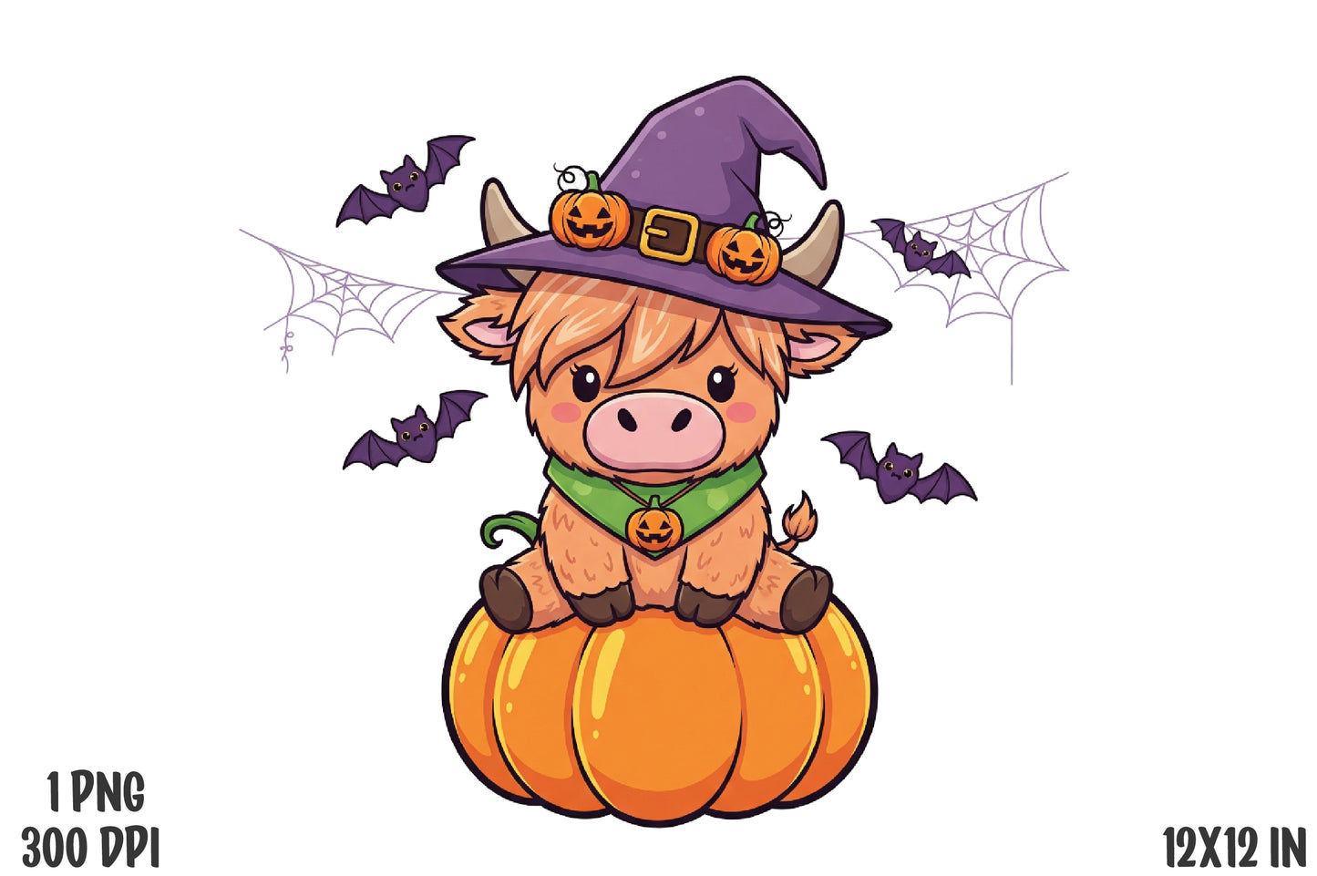 Cute Halloween Cow Witch Pumpkin PNG Sublimation Design