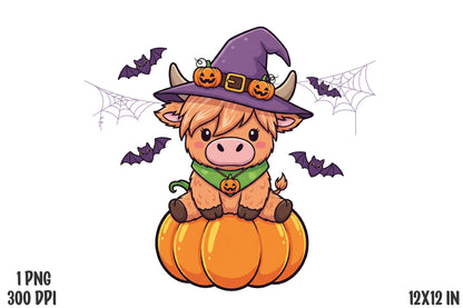 Cute Halloween Cow Witch Pumpkin PNG Sublimation Design