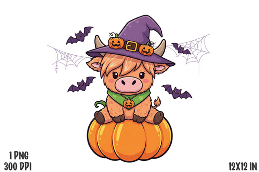 Cute Halloween Cow Witch Pumpkin PNG Sublimation Design