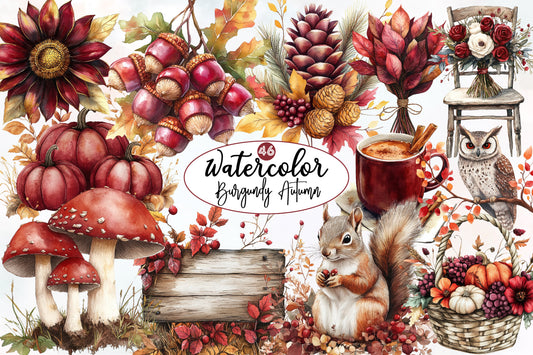 Watercolor Burgundy Autumn Clipart Bundle Fall Harvest PNG Collection