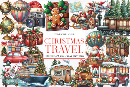 Christmas Travel Watercolor Clipart PNG Bundle | Cute Holiday Travel Watercolor Clipart | Christmas Vacation Sublimation PNG