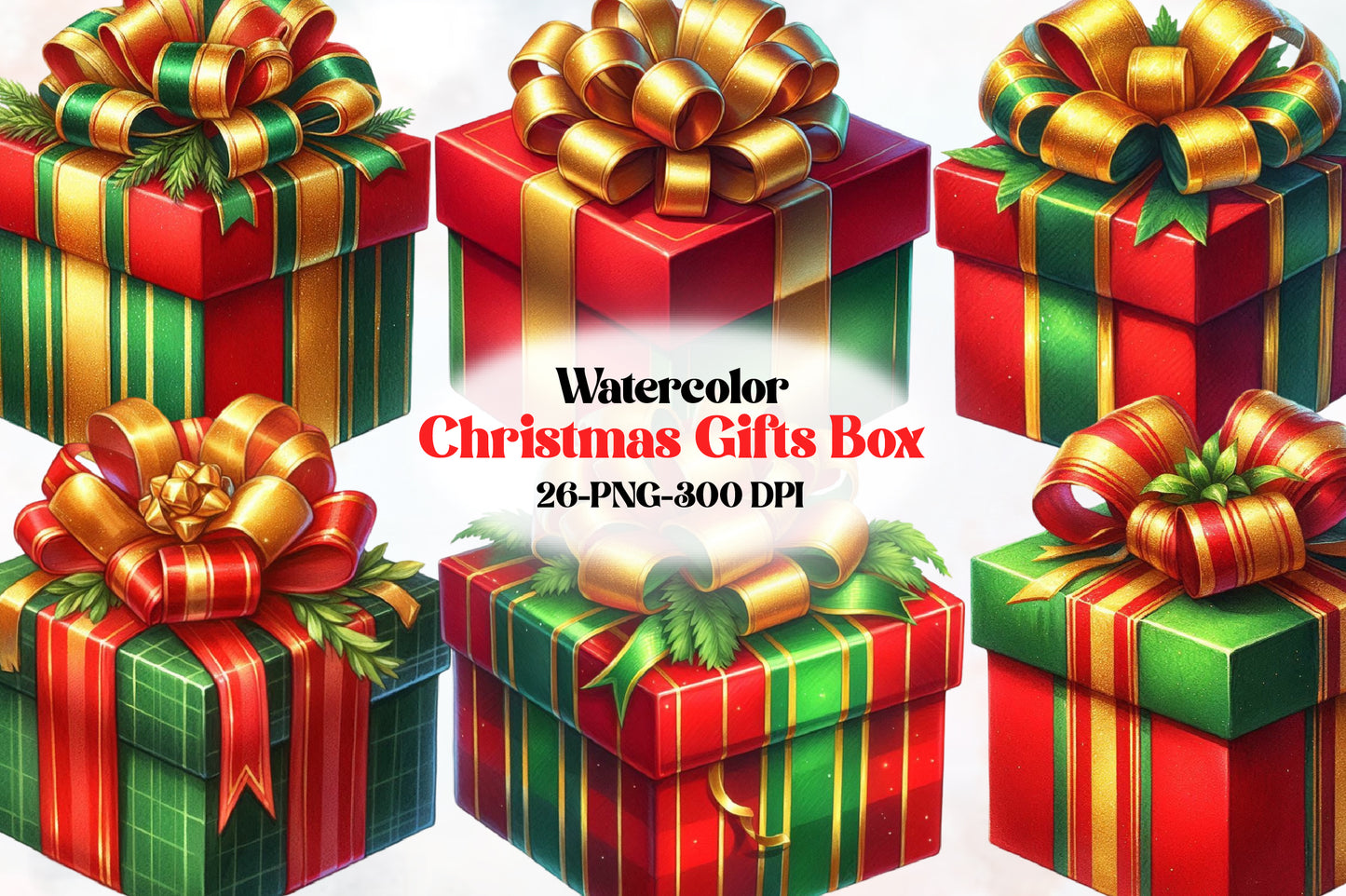 Watercolor Christmas Gifts Box Clipart PNG Bundle | Holiday Present & Gift Boxes