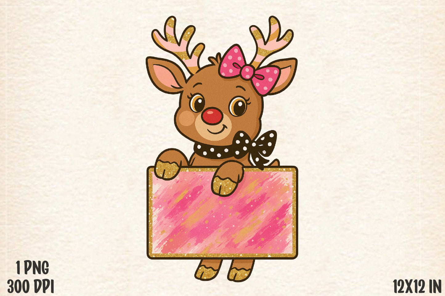 Cute Christmas Reindeer PNG Pink Bow Holiday Gift Design