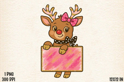 Cute Christmas Reindeer PNG Pink Bow Holiday Gift Design