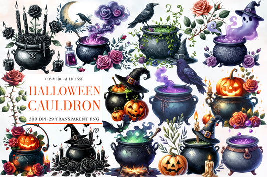 Halloween Cauldron PNG Bundle | Witch Cauldron Clipart, Black Magic Potion, Pumpkin, Rose & Raven,