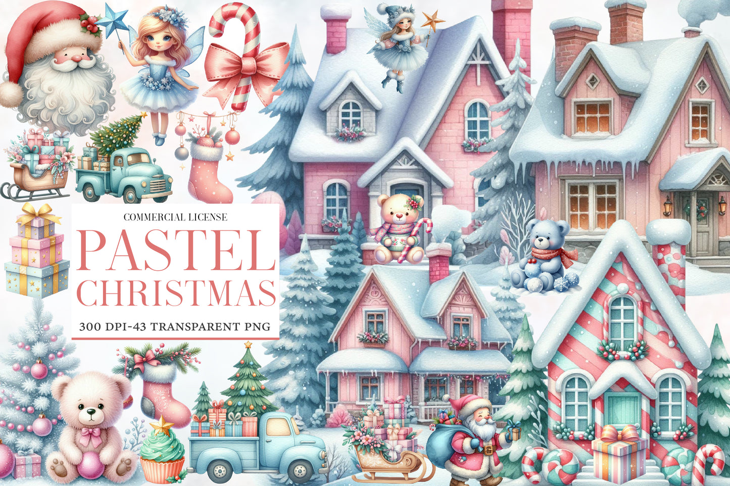 Pastel Christmas Watercolor Clipart PNG Bundle | Cute Pink & Blue Christmas Clipart | Pastel Winter Christmas Sublimation PNG