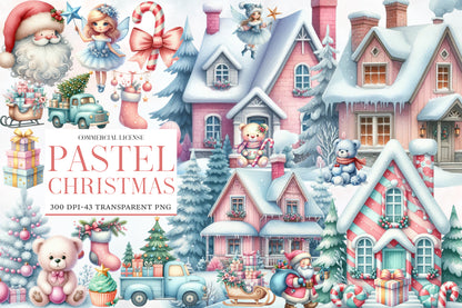 Pastel Christmas Watercolor Clipart PNG Bundle | Cute Pink & Blue Christmas Clipart | Pastel Winter Christmas Sublimation PNG