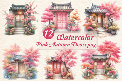 12 Watercolor Pink Autumn Doors PNG Bundle Korean House Fall Clipart