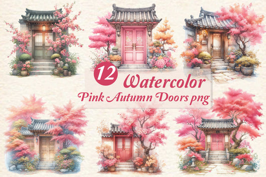 12 Watercolor Pink Autumn Doors PNG Bundle Korean House Fall Clipart