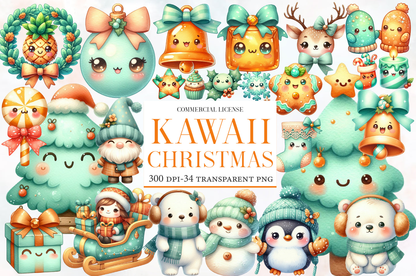 Kawaii Christmas Watercolor Clipart PNG Bundle | Cute Kawaii Holiday Clipart | Cute Christmas Sublimation PNG