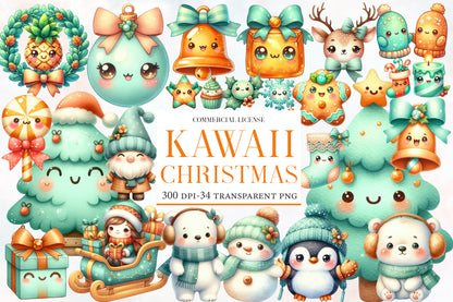 Kawaii Christmas Watercolor Clipart PNG Bundle | Cute Kawaii Holiday Clipart | Cute Christmas Sublimation PNG