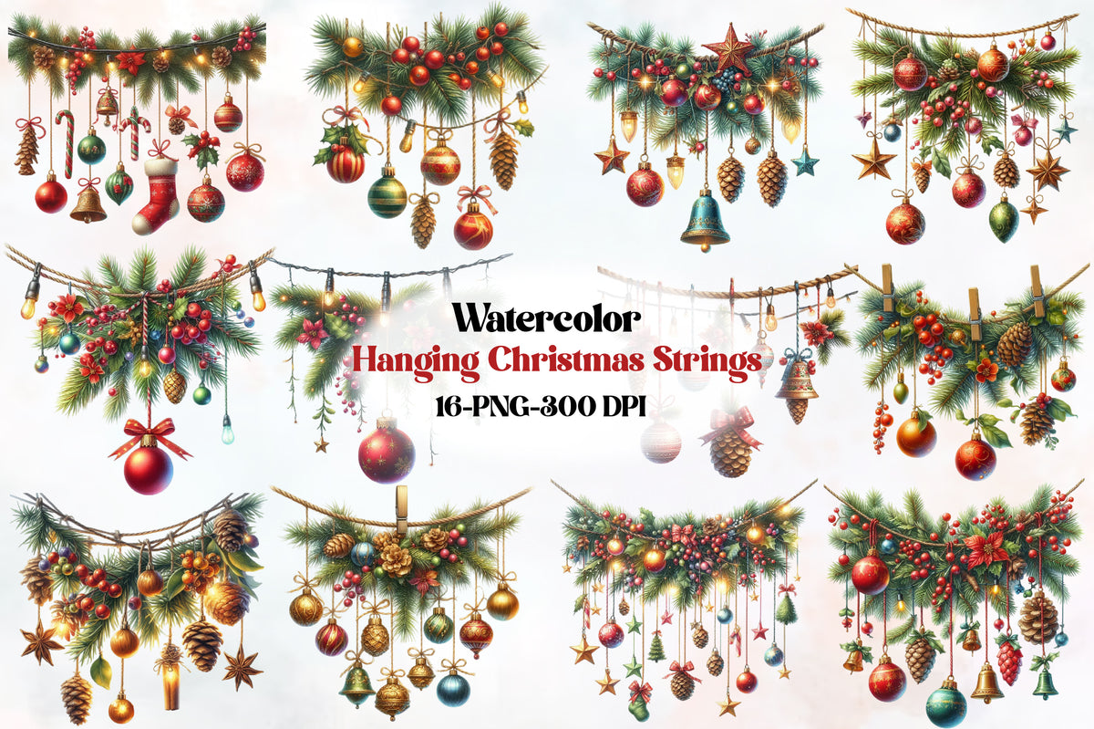 Christmas Hanging Garland PNG Bundle Watercolor Christmas Decorations