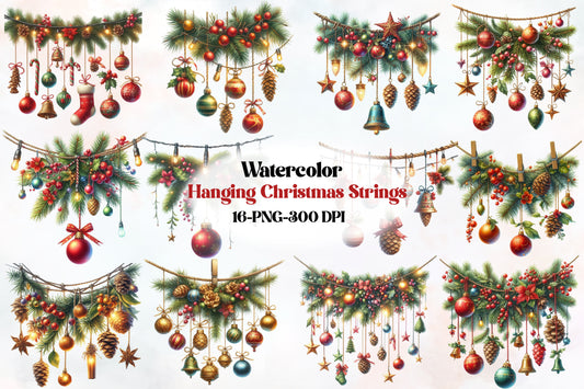 Christmas Hanging Garland PNG Bundle Watercolor Christmas Decorations