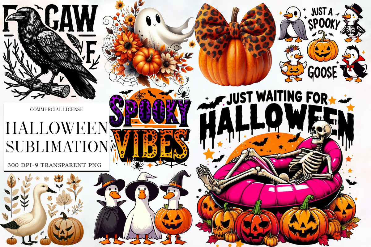 Halloween Sublimation PNG Bundle | 9 Spooky Halloween Designs, Skeleton Pool Float, Pumpkin Goose,