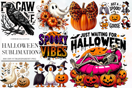 Halloween Sublimation PNG Bundle | 9 Spooky Halloween Designs, Skeleton Pool Float, Pumpkin Goose,