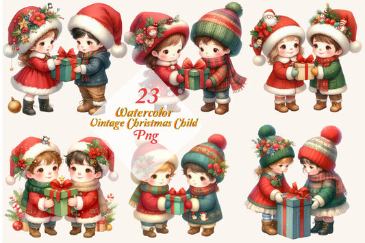 23 Watercolor Vintage Christmas Children PNG Clipart Bundle