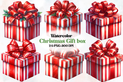 Christmas Gift Box Clipart PNG Bundle | Red & White Striped Christmas Presents, Gift Boxes & Festive Bows