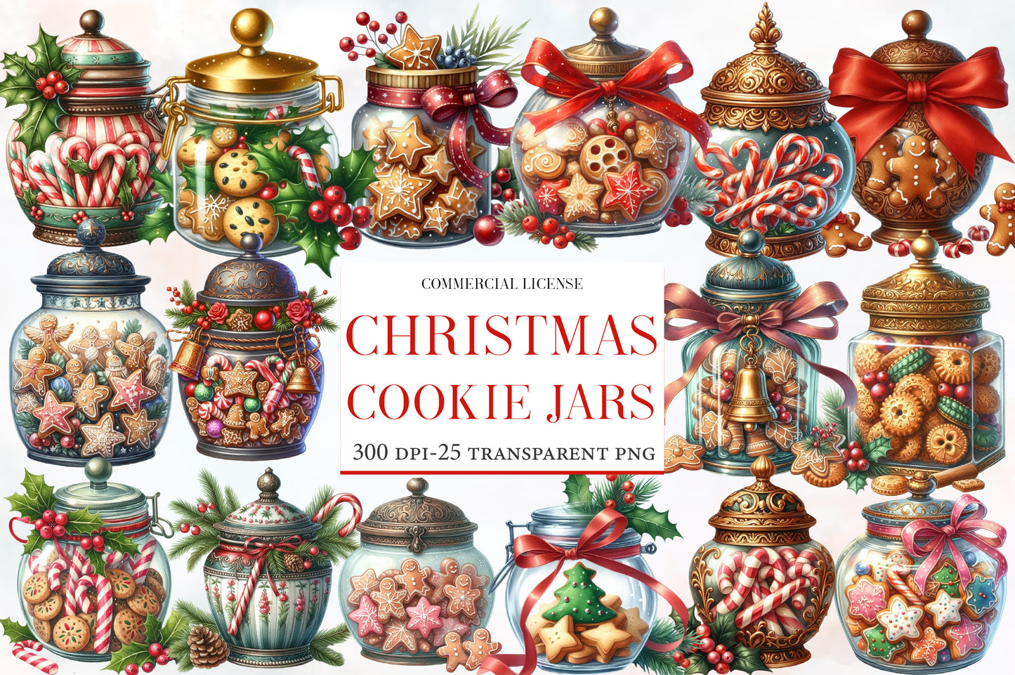 Christmas Cookie Jars Clipart PNG Bundle | Watercolor Festive Cookie Jar Clipart | Holiday Kitchen Sublimation PNG