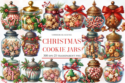 Christmas Cookie Jars Clipart PNG Bundle | Watercolor Festive Cookie Jar Clipart | Holiday Kitchen Sublimation PNG